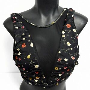 Simons Black Floral Mesh-Panel Bikini Top